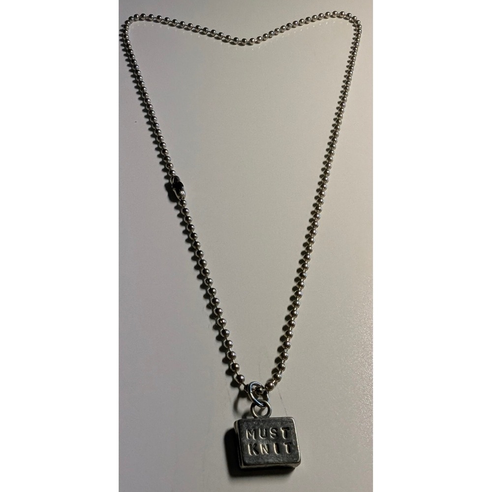 MUST KNIT! Hand Stamped Square Pendant Ball Chain Necklace Pewter‎ Gift